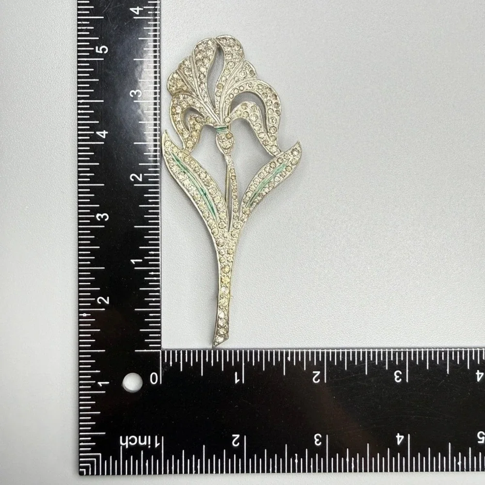 VTG Art Deco Pot Metal Floral Brooch c. 1930s Large Silver Tone Rhinestones